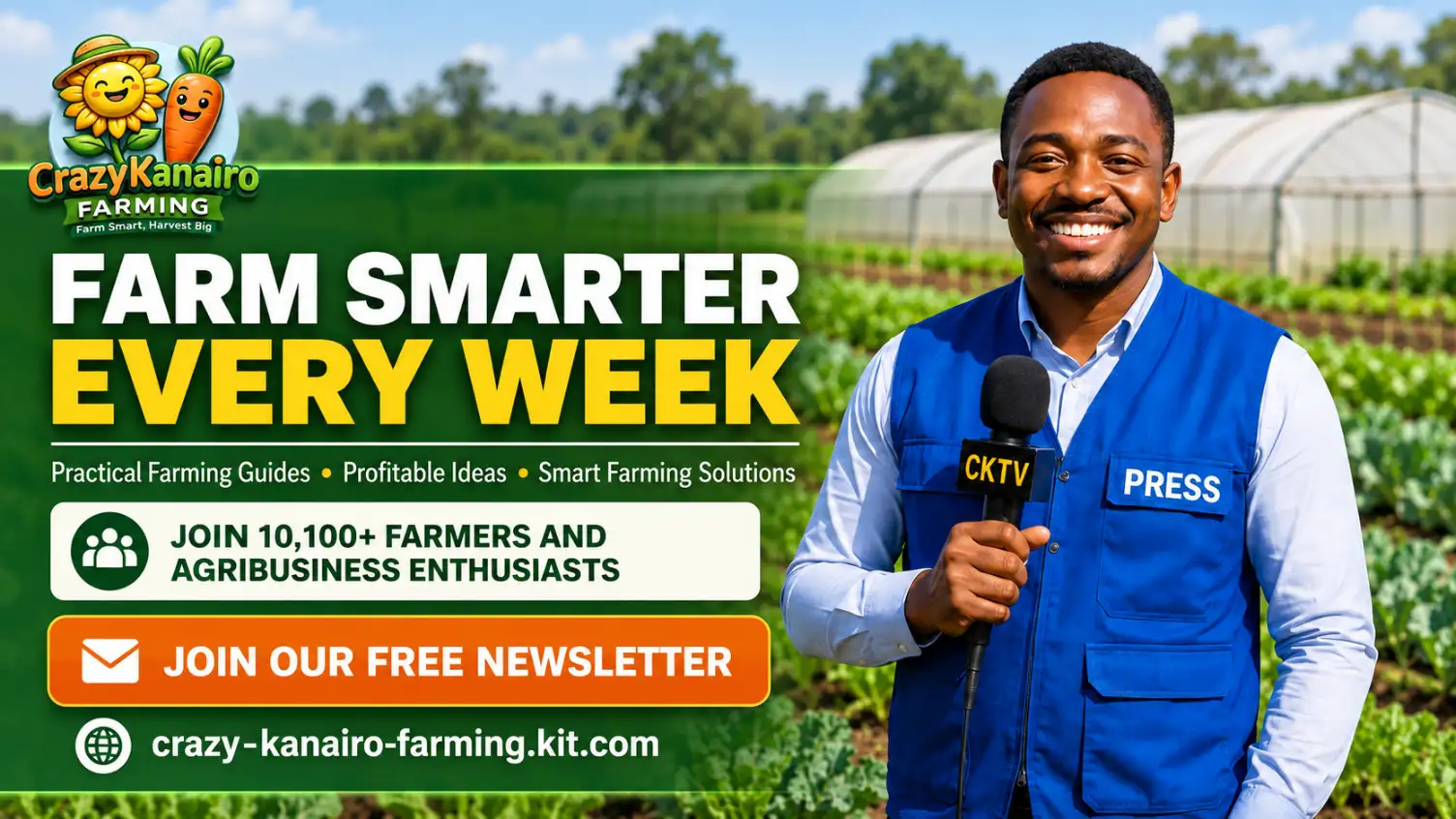 A promotional graphic for Crazy Kanairo Farming featuring a smiling man in a blue press vest in a lush field, with text inviting viewers to join their free newsletter for weekly farming guides.
