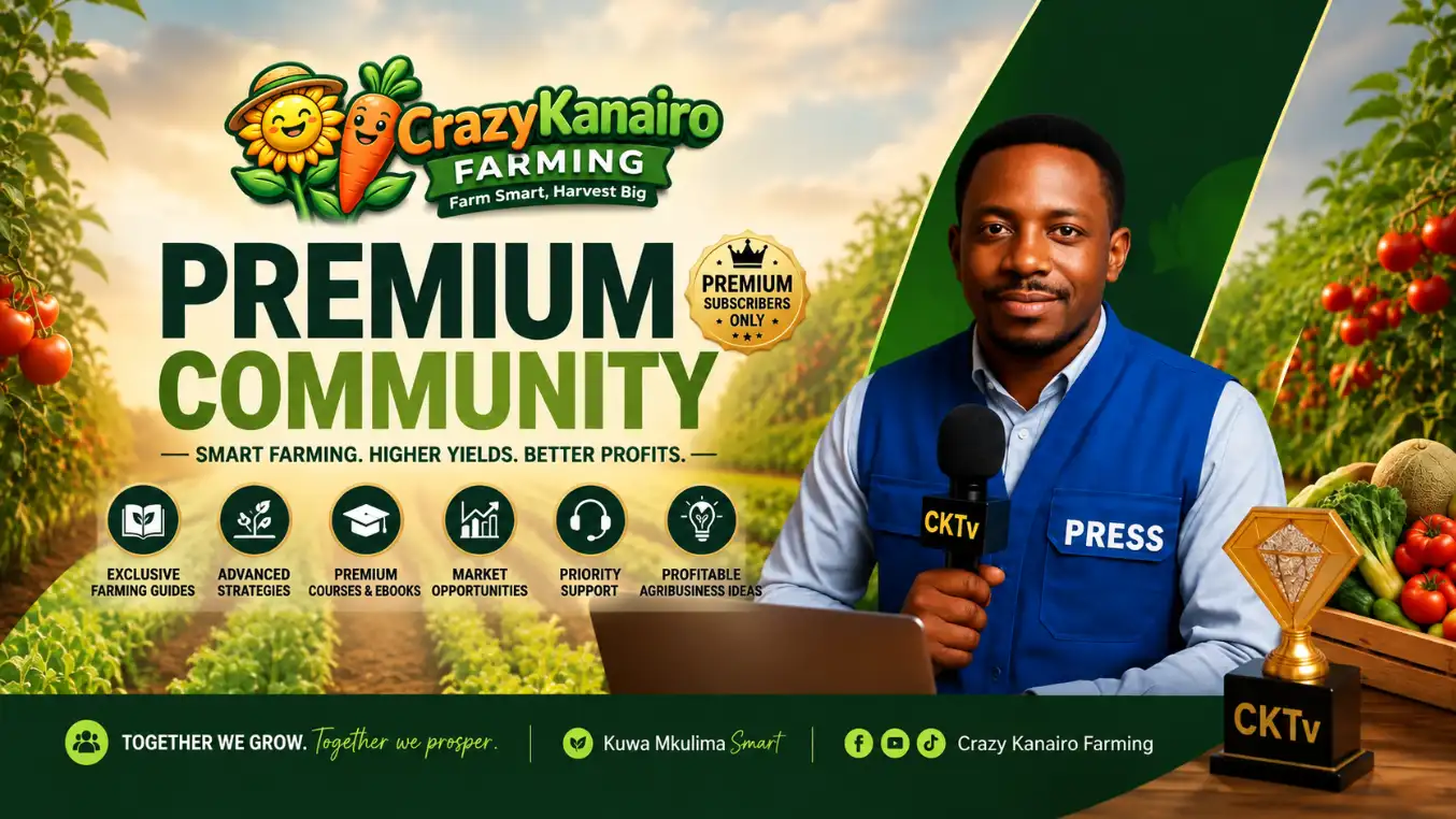 Crazy Kanairo Farming Premium Community banner featuring CKTV reporter, farming guides, courses, market opportunities and agribusiness support.