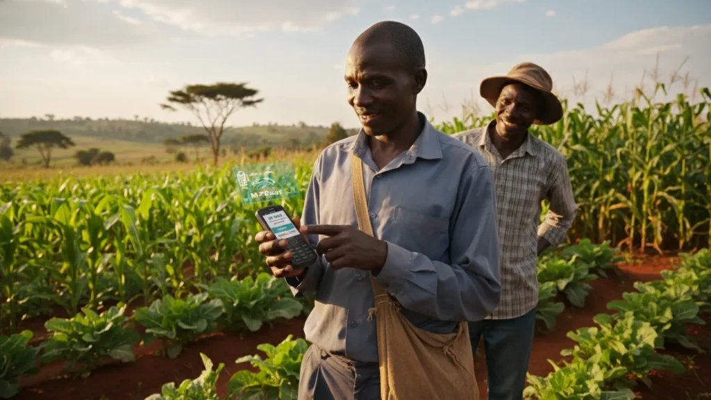 A farmer transacting on a mobile phone to pay for crop insurance premiums via M-Pesa