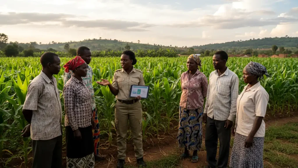 Agricultural officer using a tablet to explain insurance policy terms to a group of maize farmers