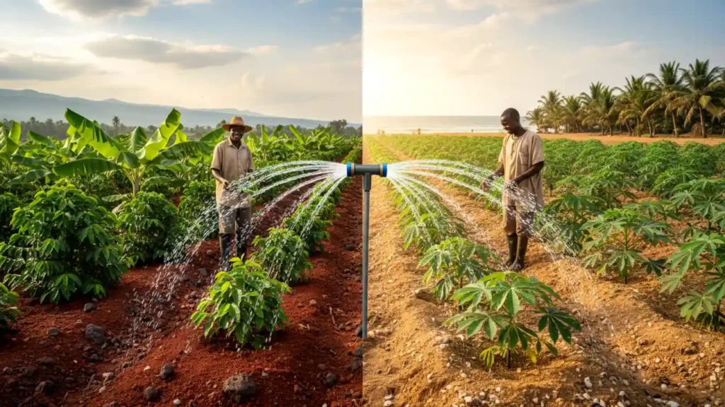 A close-up split shot showing red volcanic soil in Meru versus sandy coastal soil in Kilifi