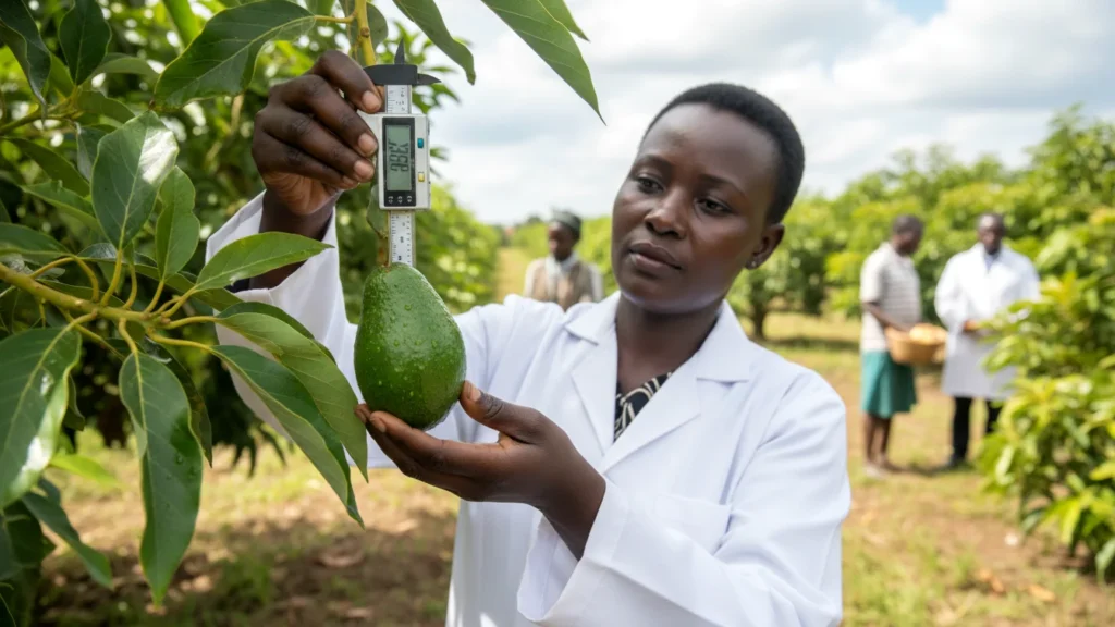 A close-up of a Kenyan agronomist, wearing a white lab coat, meticulously measuring the size of a dark green avocado fruit with a digital caliper in a commercial orchard