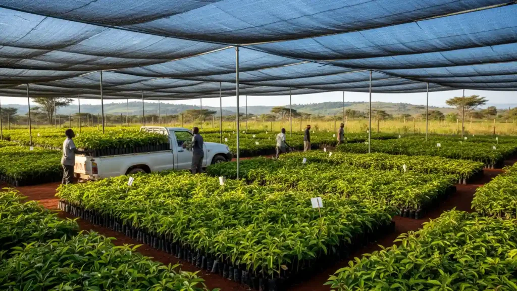 A wide-angle view of a well-organized commercial tree nursery in Thika