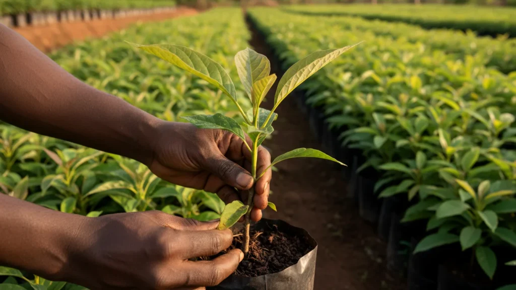  close-up view of a Kenyan farmer's hands carefully handling a vibrant young tree seedling (likely avocado) potted in a black nursery bag. 