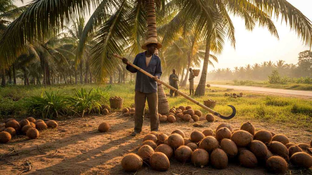 image of a farm worker in Malindi utilizing a long bamboo pole with a hooked knife to harvest mature brown coconuts