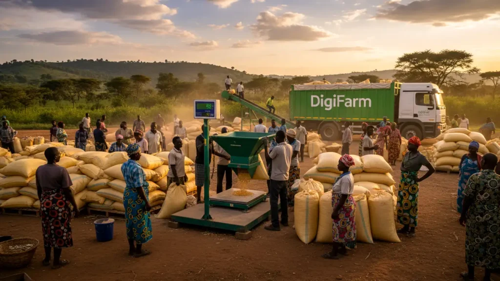 A bustling collection center in Kenya where farmers are delivering sacks of maize to a digital weighing station