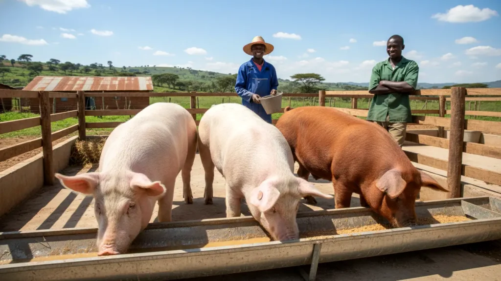 A comparative lineup of three pigs in a clean pen: a Large White with erect ears