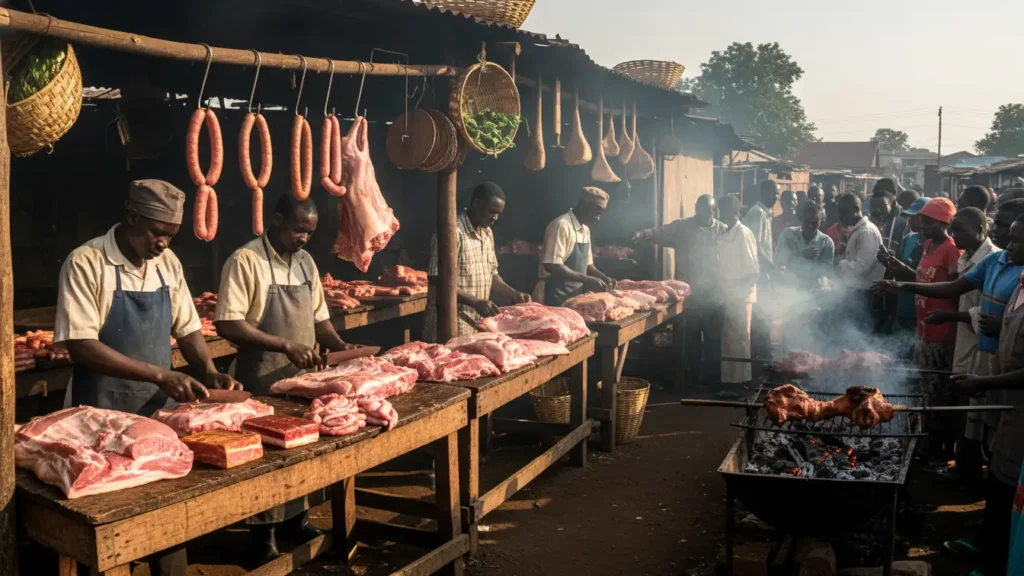A bustling local butchery in Nairobi displaying fresh pork cuts