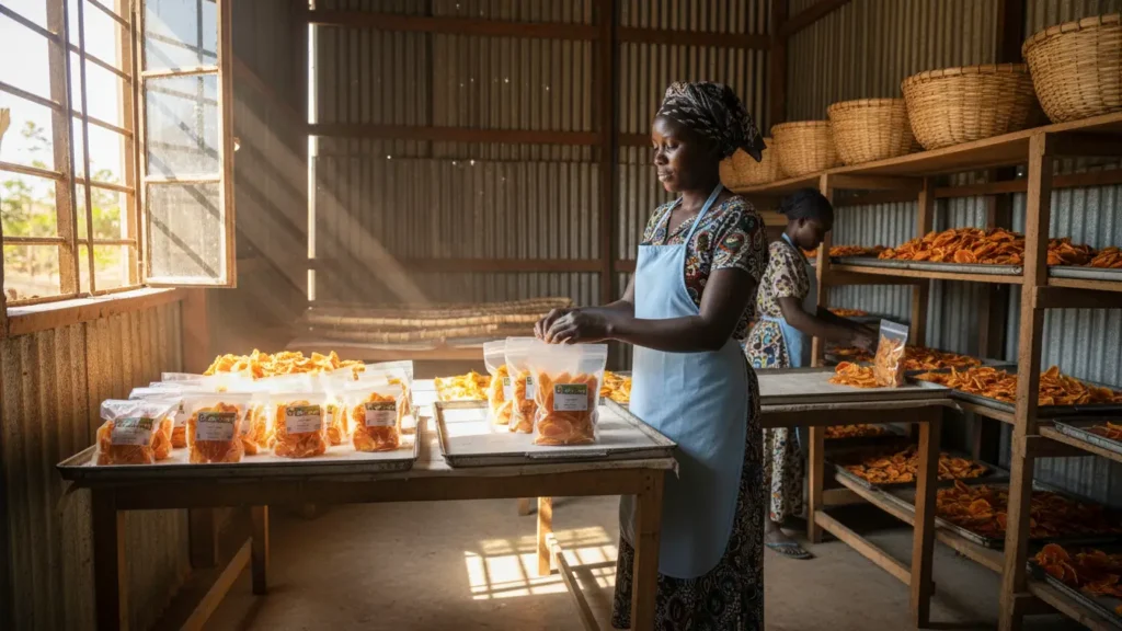 A woman packaging dried papaya slices into clear branded bags inside a small processing facility in Machakos.