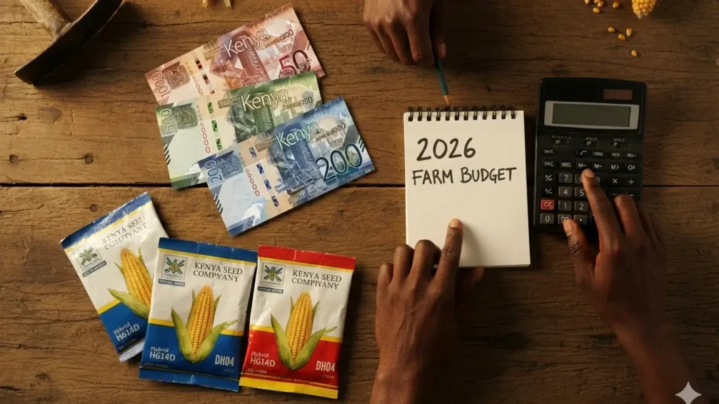 A flat-lay photograph on a wooden table showing Kenyan currency (1000 shilling notes)