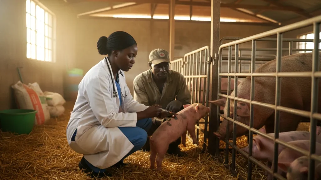 A Kenyan veterinarian in a white coat administering an iron injection to a piglet in a farrowing crate in Kiambu