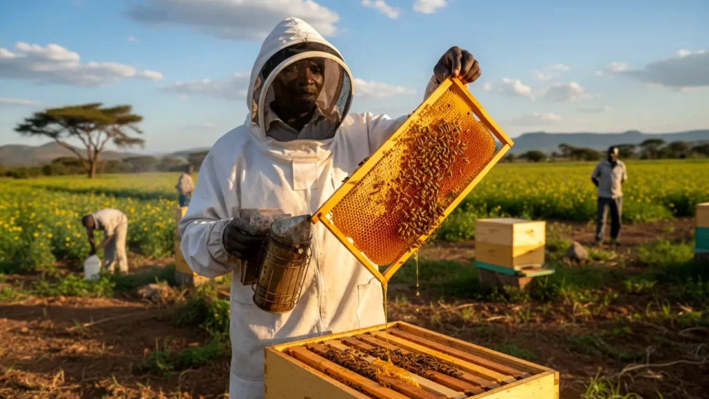 A Kenyan beekeeper wearing a white full-body protective suit and veil