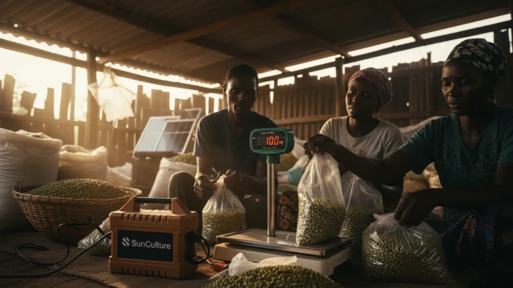A group of Kenyan farmers weighing and packaging green grams into 1kg bags using a digital scale powered by a SunCulture battery unit