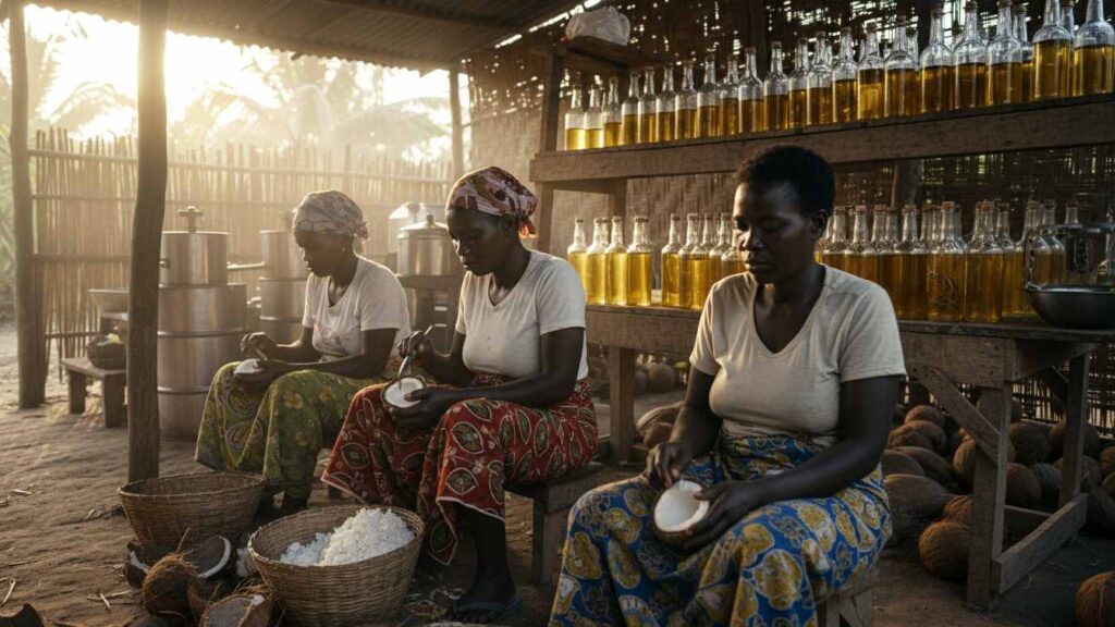 image of a small-scale processing unit in Kilifi where women are extracting white coconut meat from shells