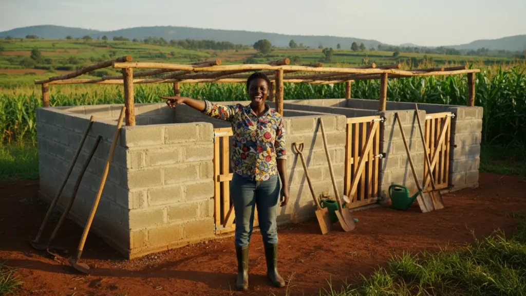 A happy young Kenyan female farmer standing in front of a newly constructed timber and concrete pigsty in Kakamega