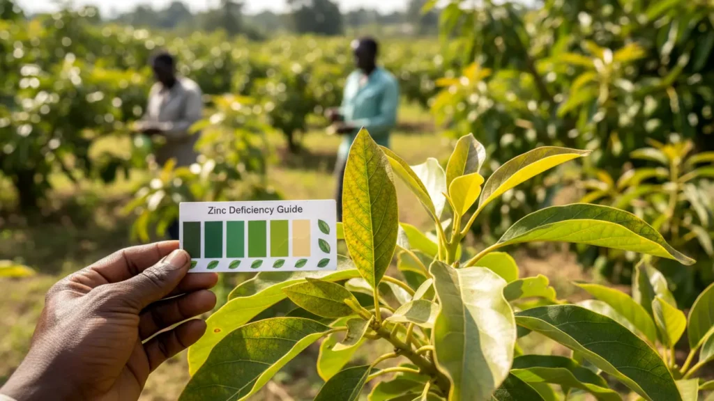 A close-up shot of an avocado leaf showing signs of yellowing and Zinc deficiency