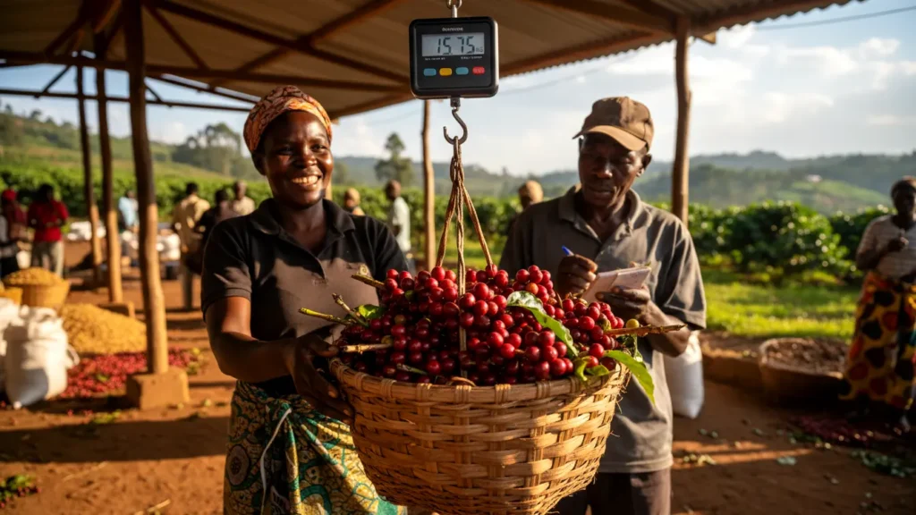 A detailed view of red ripe coffee cherries being weighed on a digital hanging scale at a collection center in Kirinyaga