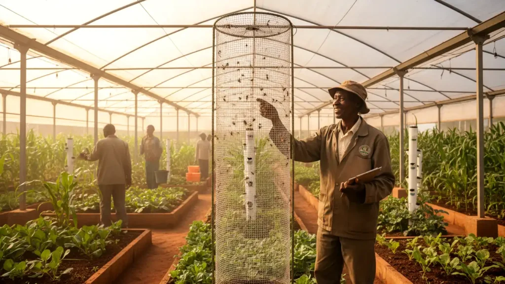 A farmer inspecting a net-covered vertical "Love Cage" containing adult Black Soldier Flies in a greenhouse setting in Kiambu