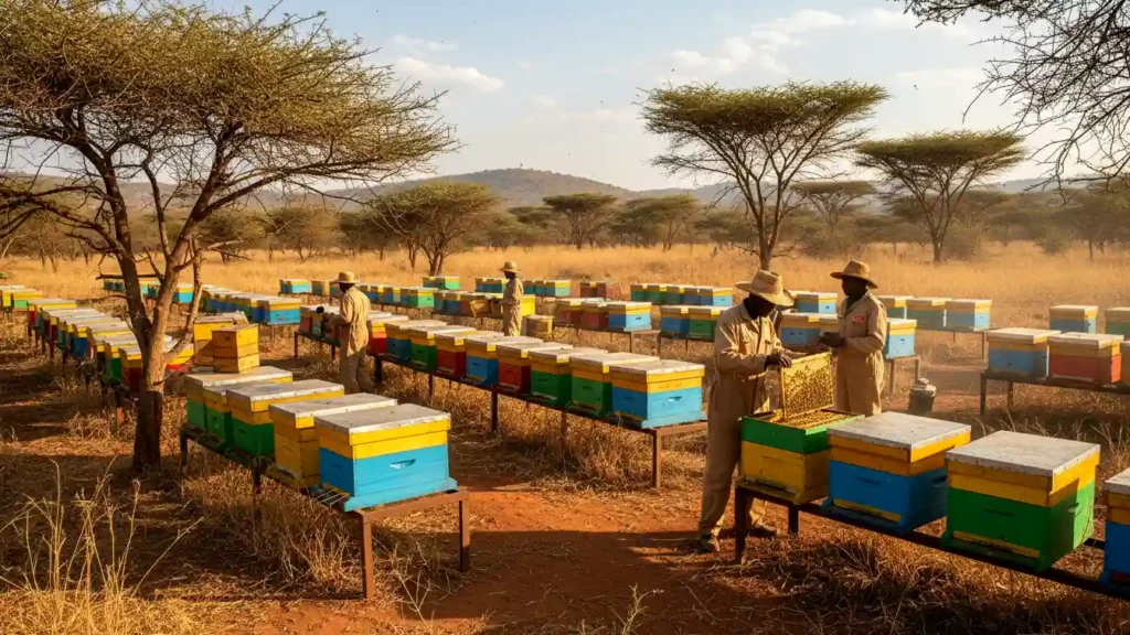 A wide-angle shot of a neatly arranged commercial apiary with colorful Langstroth hives raised on metal stands in a semi-arid Acacia woodland in Kitui