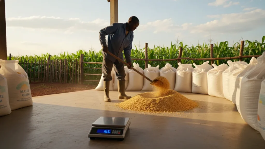 A Kenyan farmer mixing pig feed rations using a shovel on a clean concrete floor