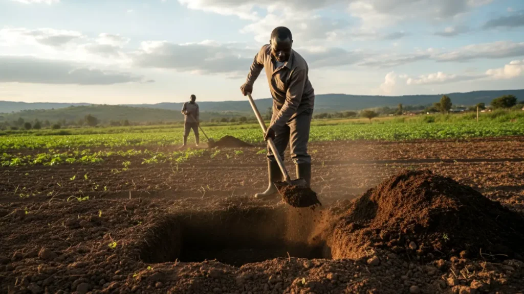 A photorealistic action shot of a farm worker in gumboots using a shovel to mix topsoil and manure next to a well-dug 2x2ft planting hole in a field in Eldoret.