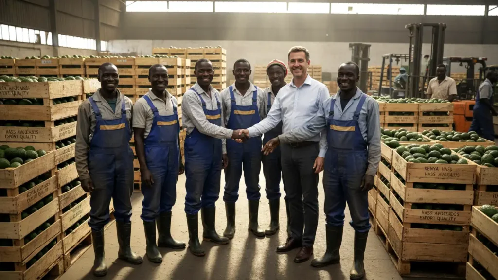 A group of Kenyan farmers in gumboots shaking hands with an exporter in a warehouse filled with crates of green Hass avocados