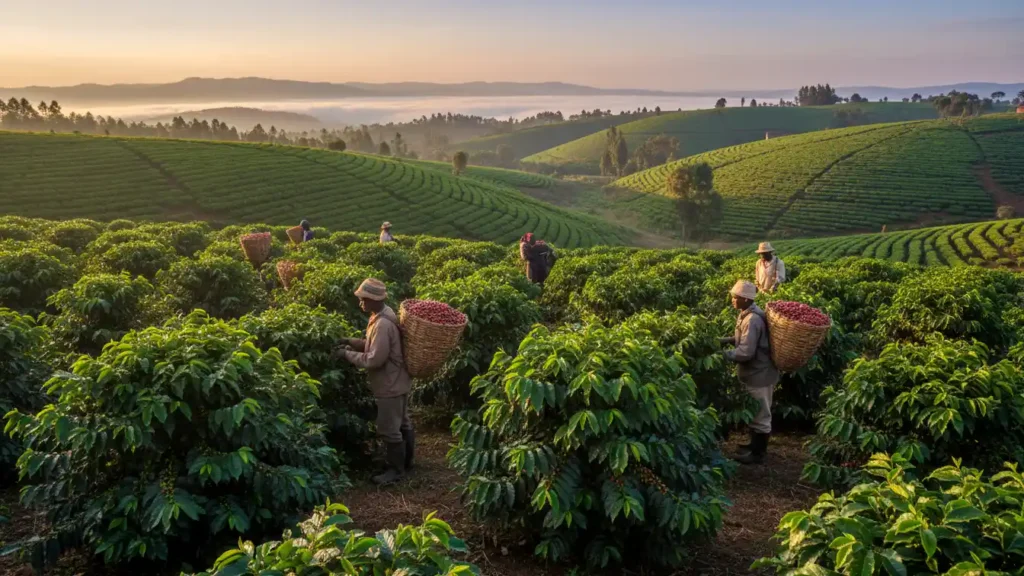 A panoramic view of a lush green coffee plantation on the sloping hills of Kericho