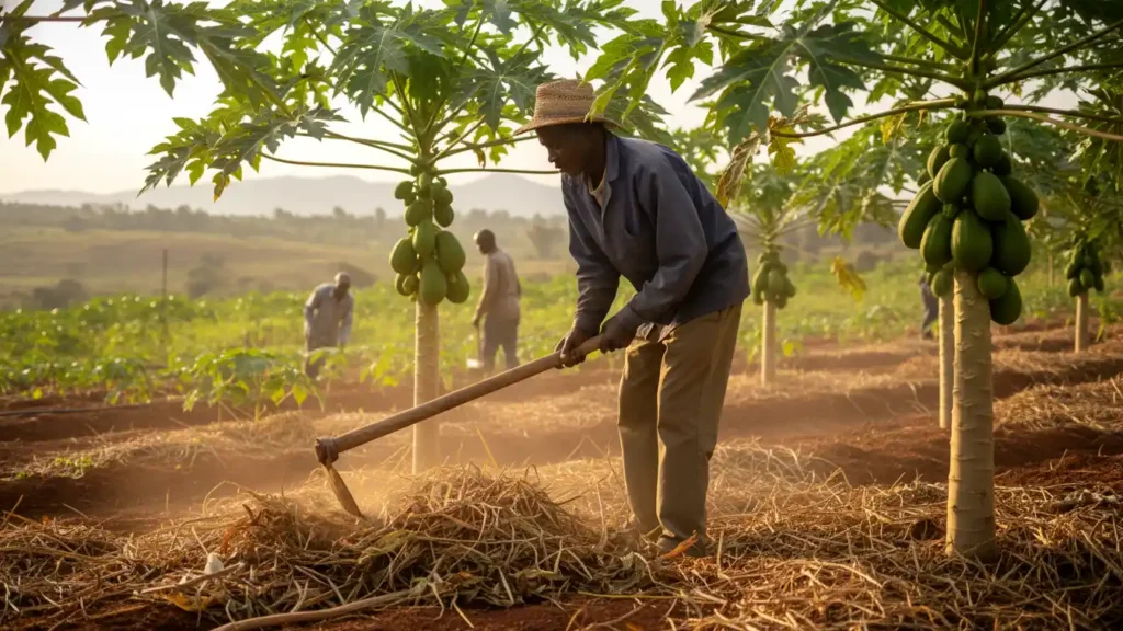 A Kenyan farm worker applying organic mulch around the base of a papaya tree using a hoe in a field in Kisumu.