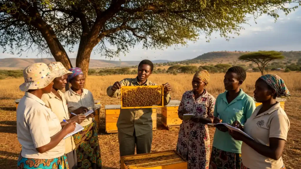 An outdoor training session under a tree where an expert instructor is demonstrating how to identify a queen bee on a frame to a group of attentive Kenyan farmers taking notes