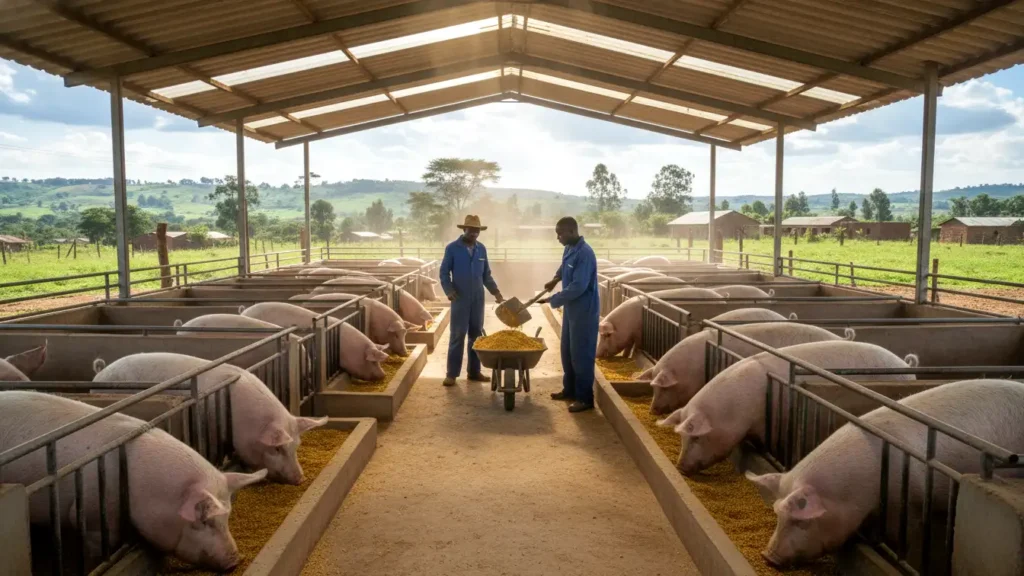 Three large, healthy pigs—two pink crossbreeds and one reddish brown hog—feed enthusiastically from a metal trough in a well-constructed outdoor pen in rural Kenya.