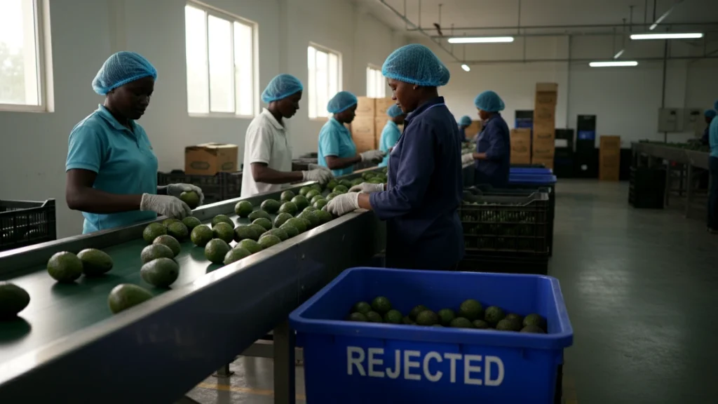 A vivid action shot of workers in a modern packhouse in Nairobi sorting green avocados on a conveyor belt
