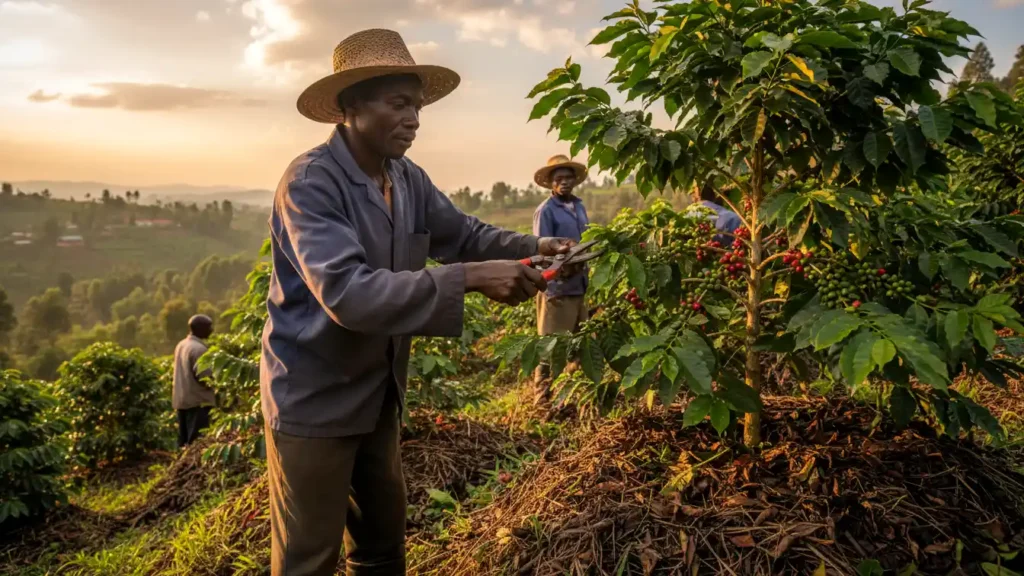 A skilled farmhand using sharp pruning shears to remove excess branches from a coffee tree in a well-mulched shamba in Murang'a