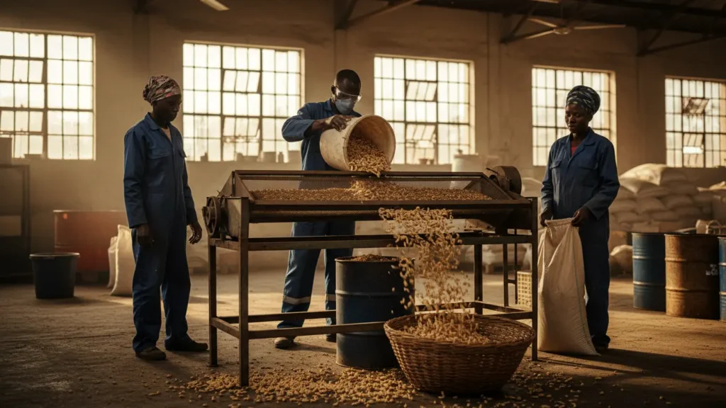 A worker sieving mature BSF larvae from the organic frass fertilizer using a mechanical shaker screen in a warehouse in Kisumu