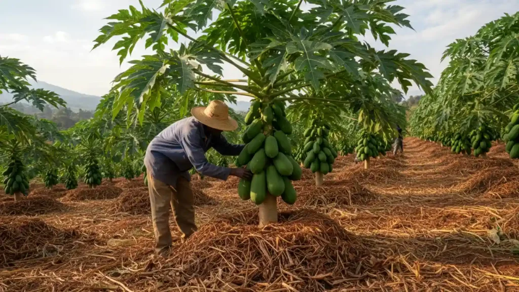 A Kenyan farmer inspecting a healthy Malkia F1 dwarf papaya tree laden with green fruits in a well-mulched orchard in Meru.