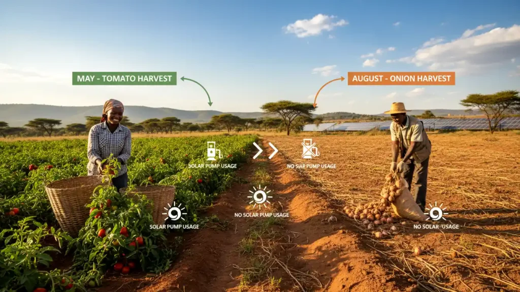A timeline infographic style image showing a Kenyan farmer harvesting red tomatoes in May and onions in August