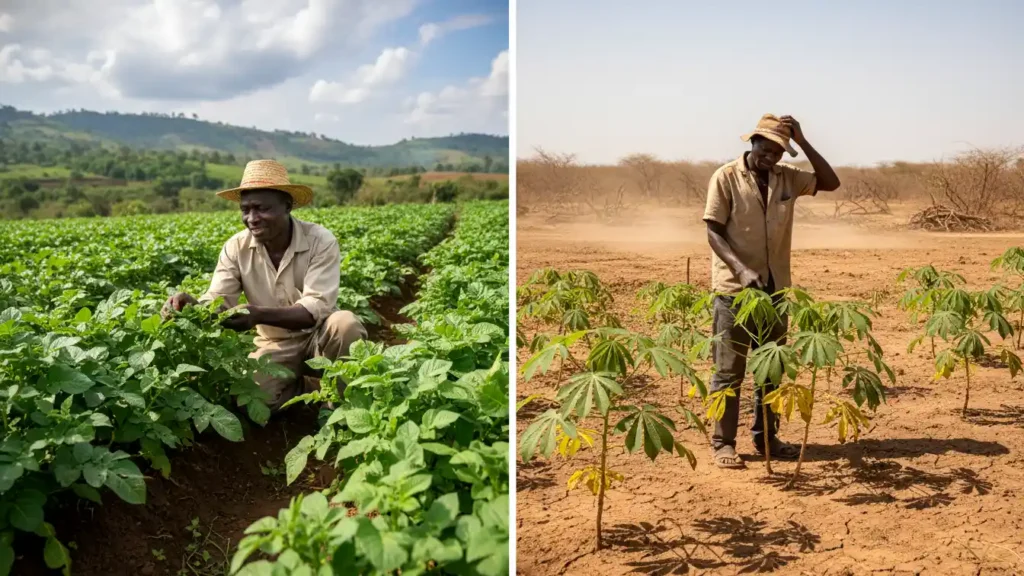 A split-screen comparison showing a lush potato farm in Meru with a farmer checking plants