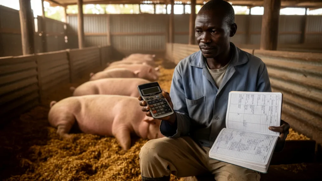 Close-up of a Kenyan farmer holding a digital calculator and a ledger book inside a pig barn