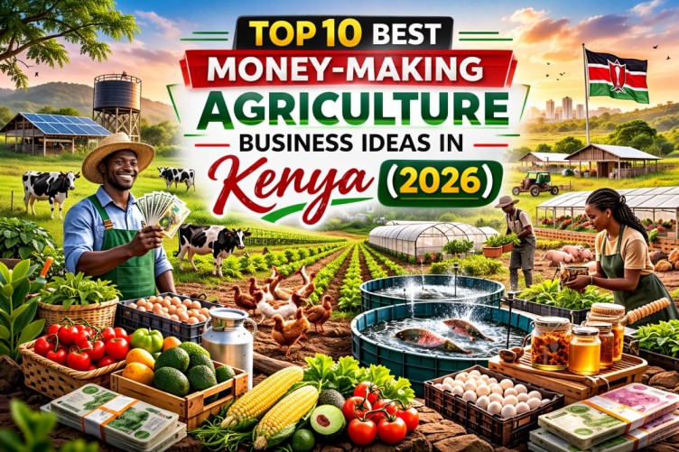 A vibrant, detailed illustration titled 'TOP 10 BEST MONEY-MAKING AGRICULTURE BUSINESS IDEAS IN Kenya (2026)' showcases diverse farming activities and prosperity. 