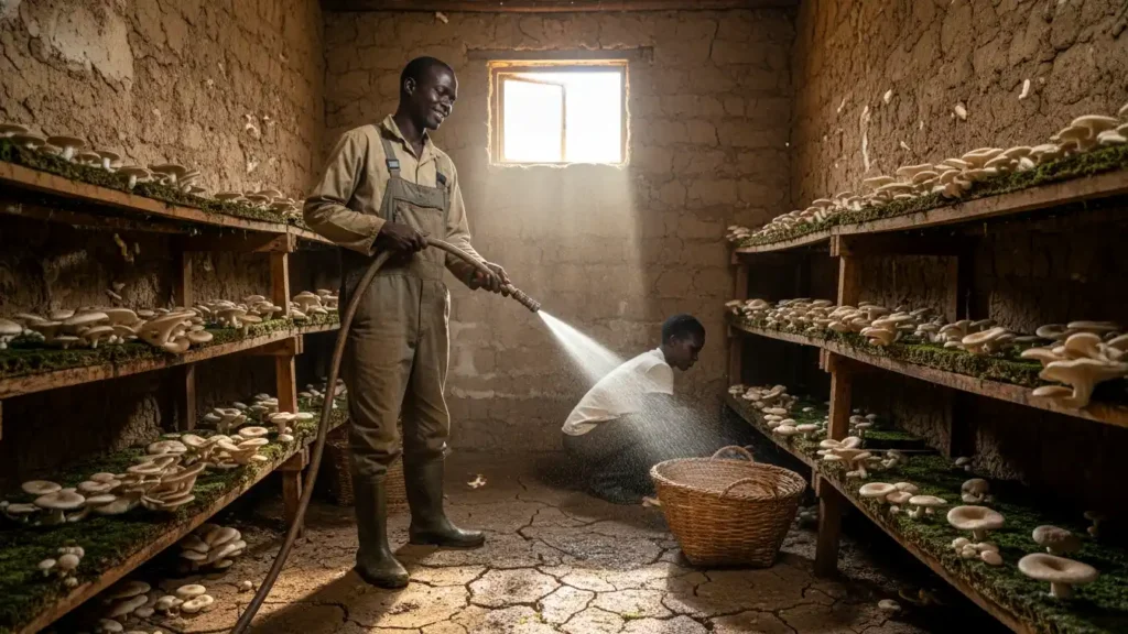 A farm worker spraying water on the floor of a mud-walled mushroom house to maintain humidity during the dry season in Kajiado