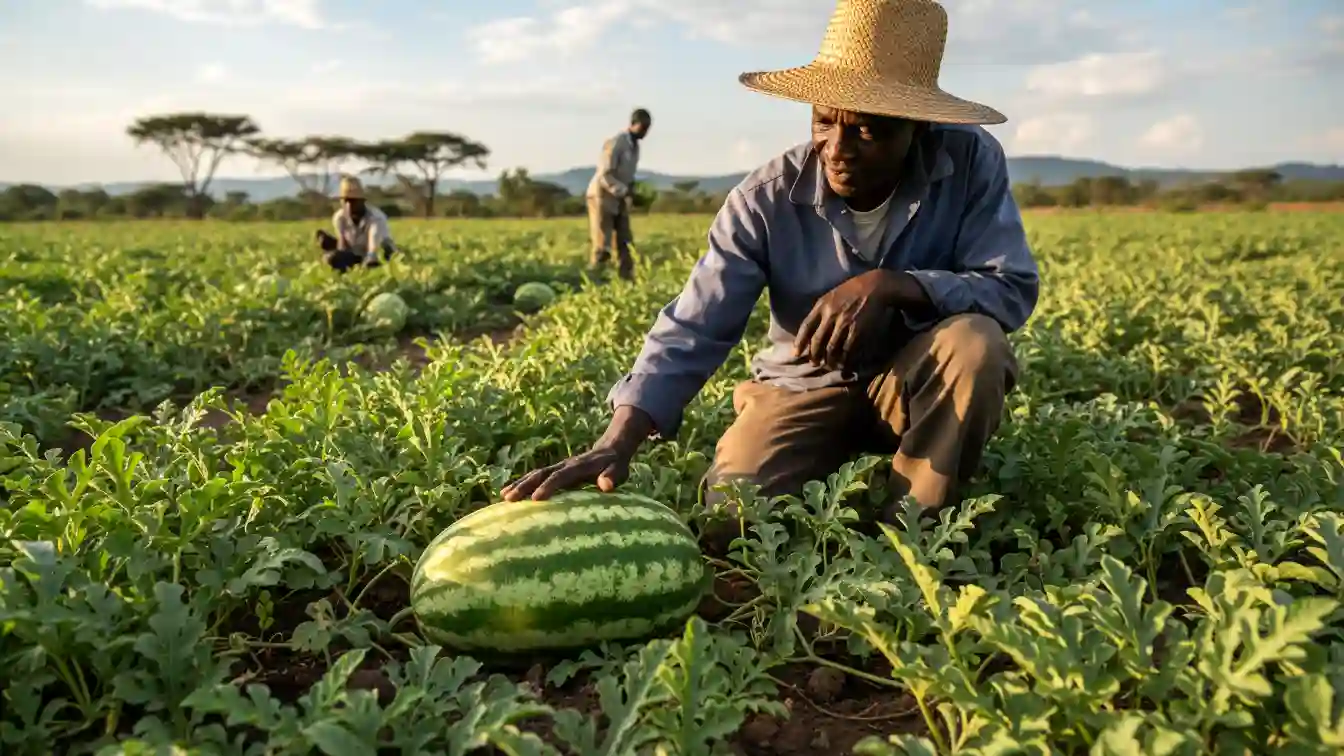 A Kenyan smallholder farmer, wearing a wide-brimmed straw hat, kneels in a lush field of watermelon vines, resting his hand on a large, ripe, striped fruit.