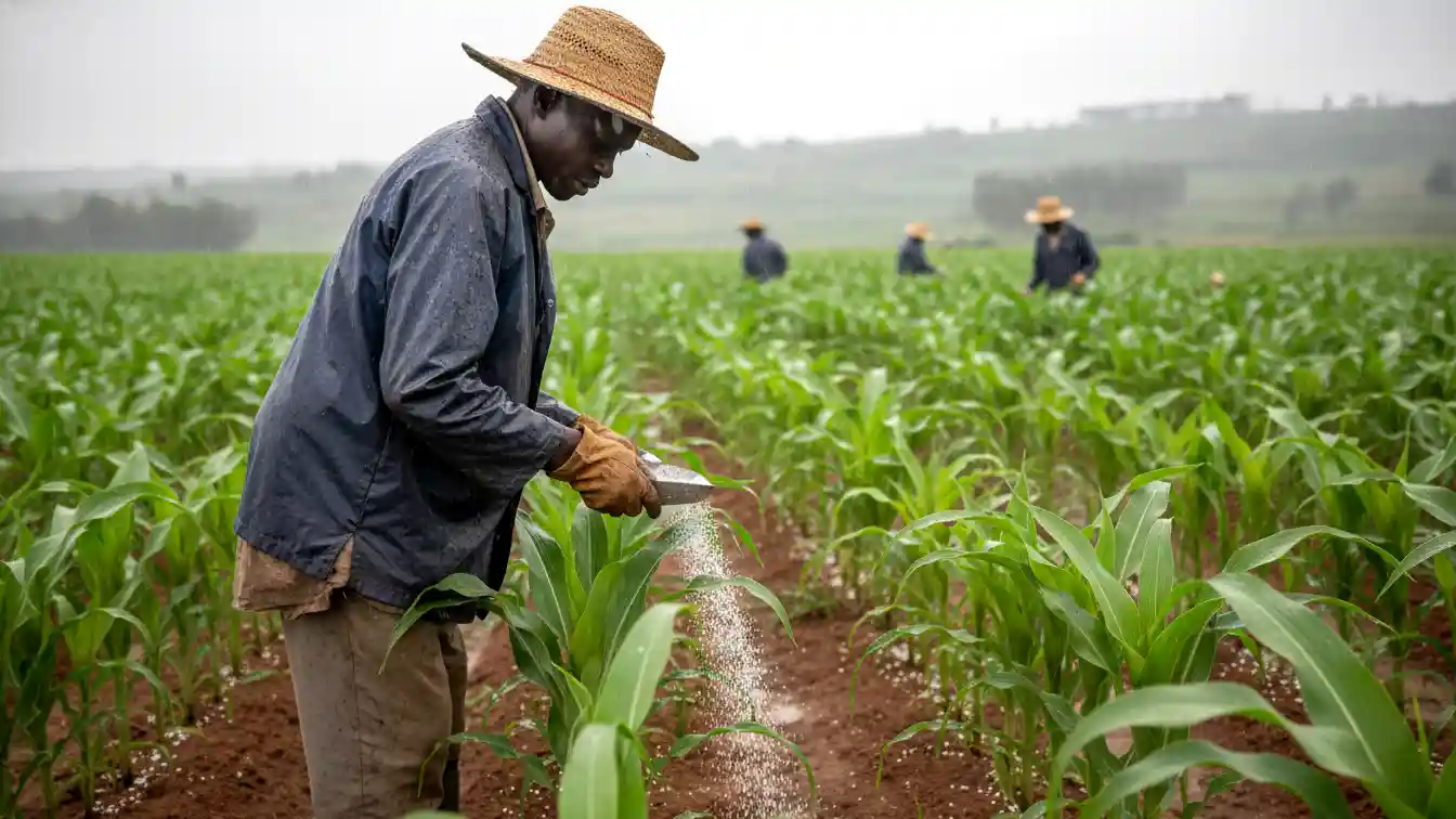 A farm worker applying top-dressing fertilizer to knee-high maize plants during a light drizzle