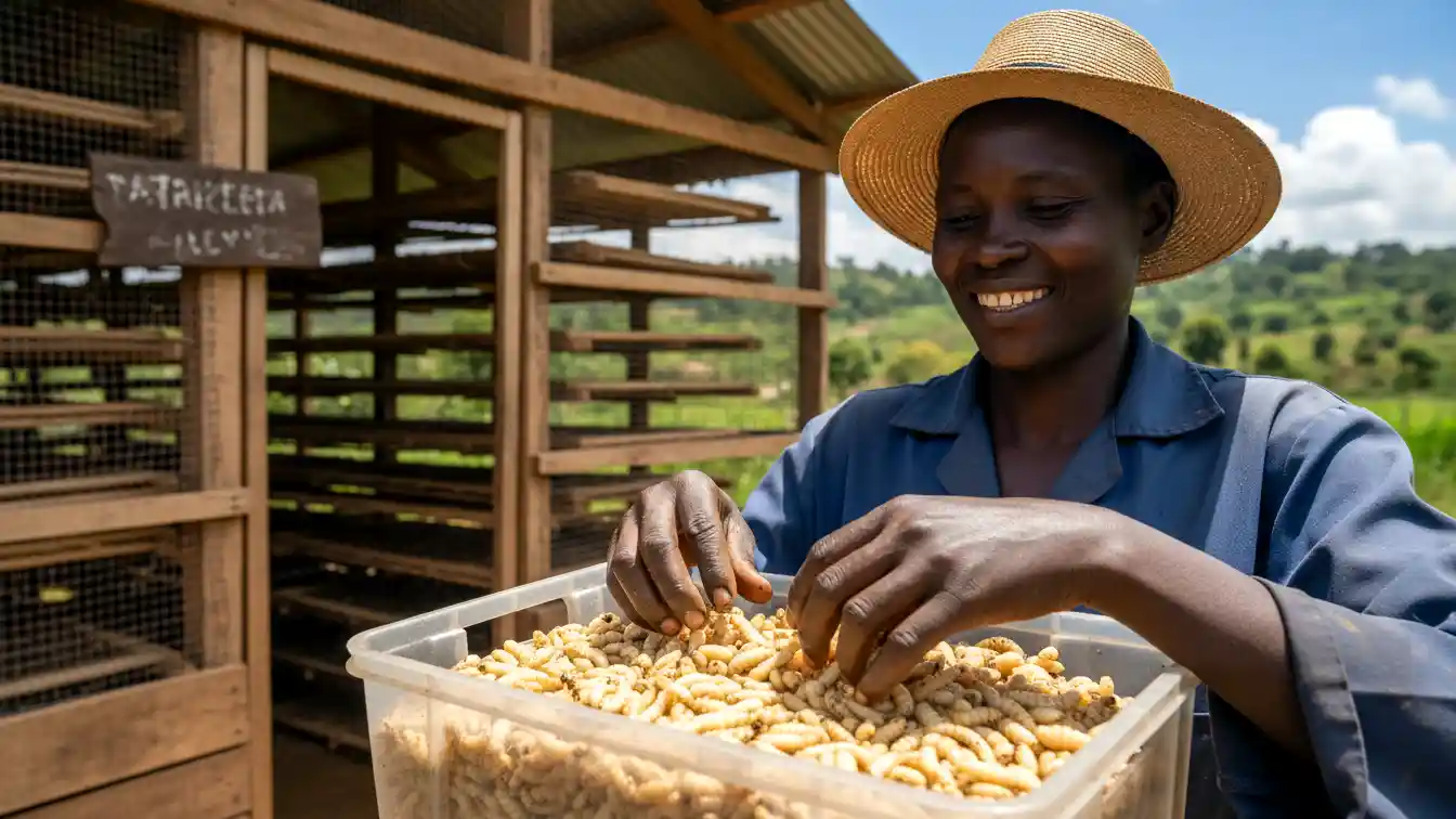A smiling Kenyan farmer in a straw hat and blue work shirt stands in front of a wooden insect rearing facility, sifting through a clear plastic tub filled with pale insect larvae, soldier fly larvae