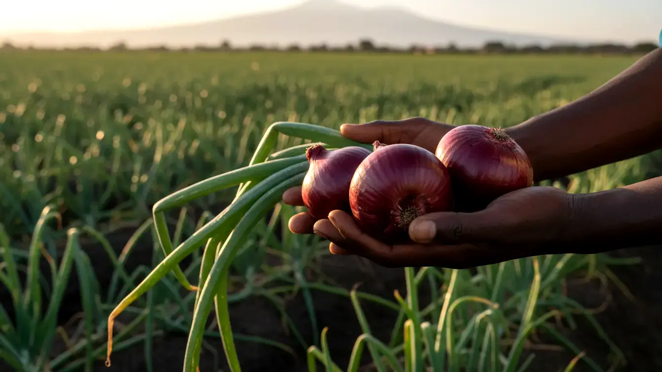 Top 5 Hybrid Onion Varieties (F1) Dominating the Kenyan Market in 2026 3 A close-up shows dark-skinned hands holding three vibrant, freshly harvested red onions with their long green stalks,