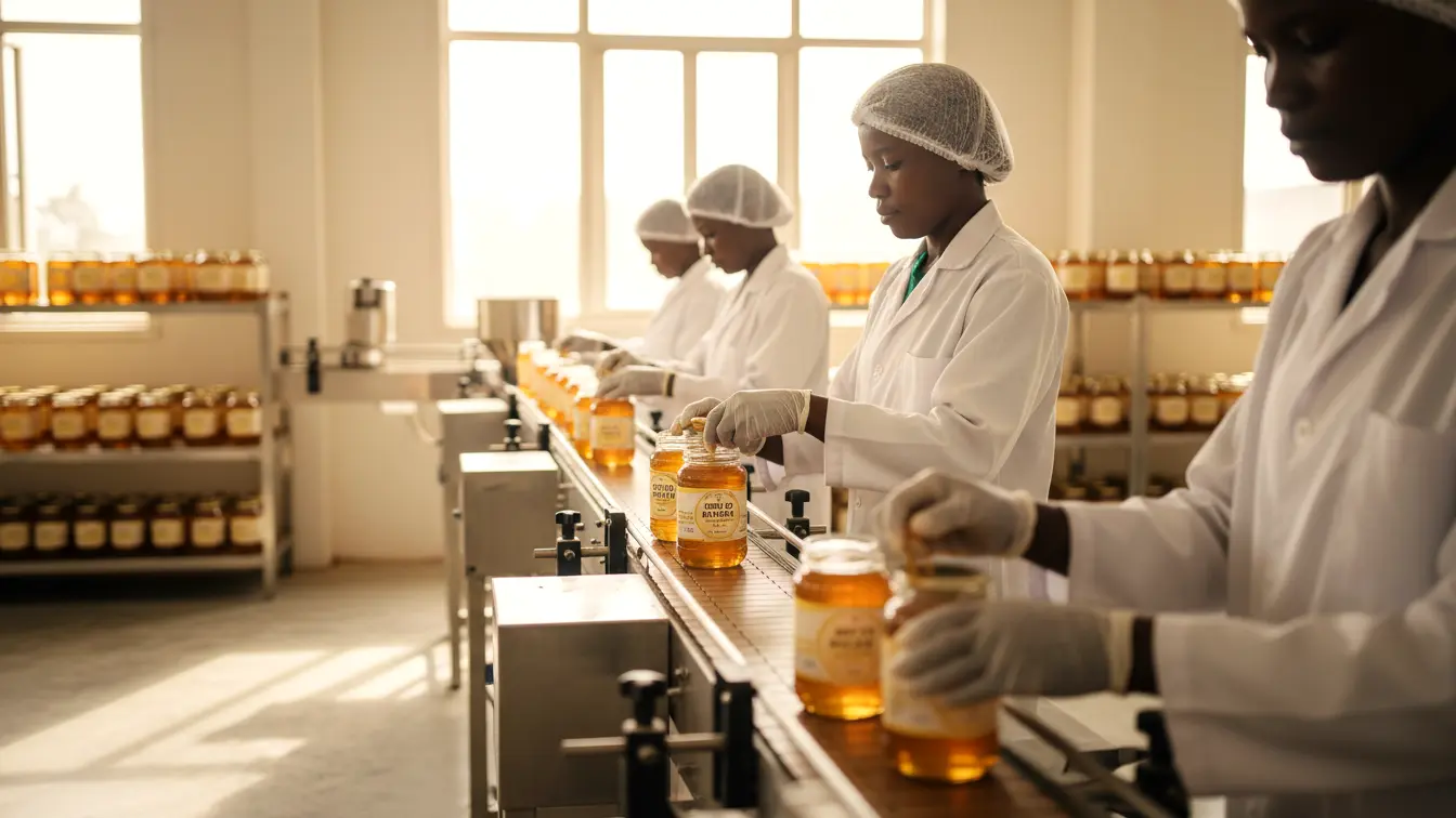Kenyan women in white lab coats, hairnets, and gloves work diligently on an assembly line, packaging jars of golden honey in a bright, modern processing facility. 