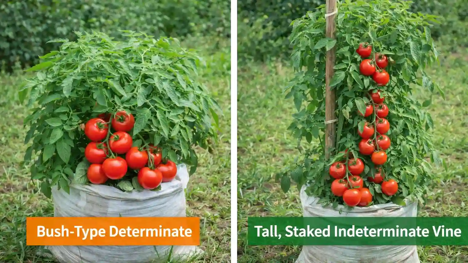 A side-by-side comparison of a bush-type determinate tomato plant and a tall, staked indeterminate vine growing in woven sacks.