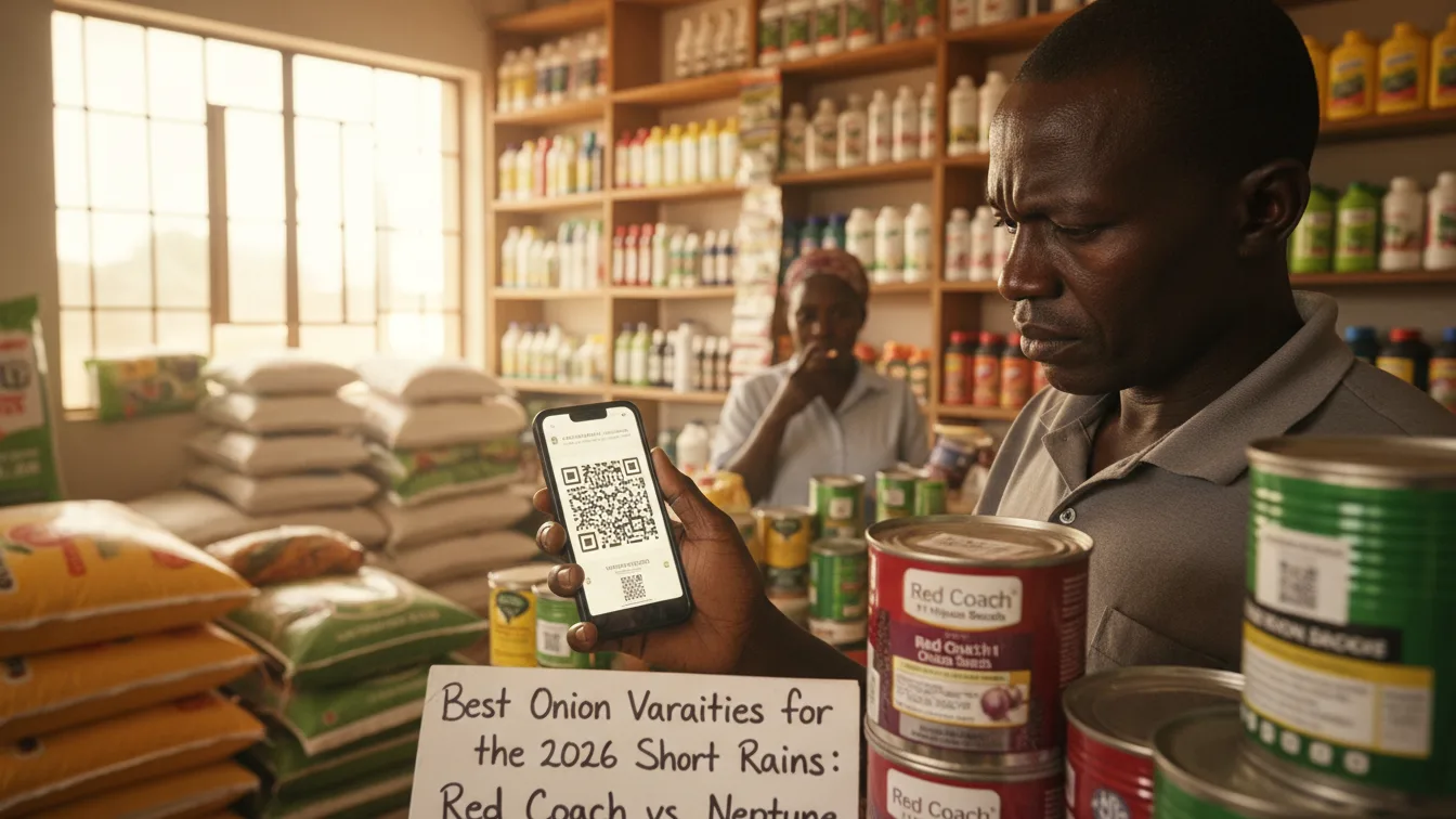 A close-up action shot of a farmer scanning the verification SMS code on a tin of hybrid onion seeds inside an agrovet in Nakuru