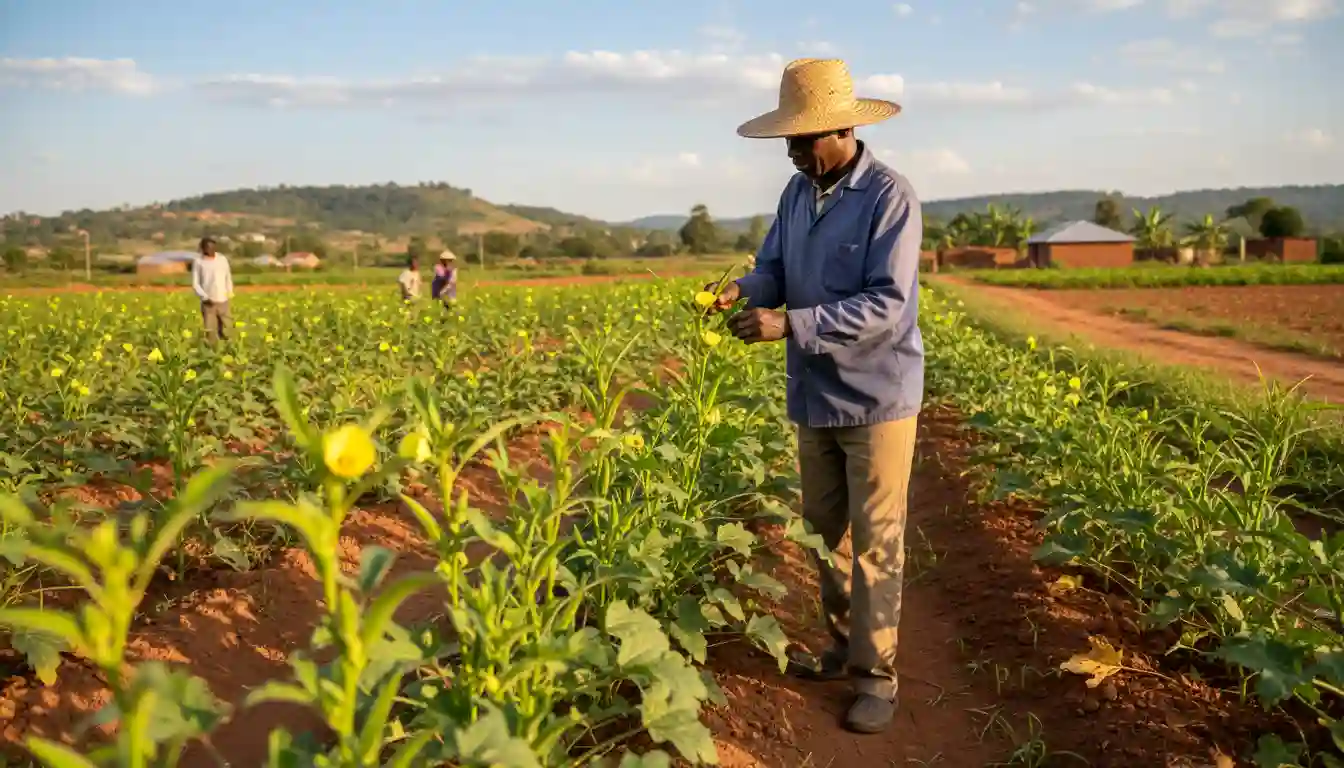 An older Kenyan farmer wearing a straw hat, blue shirt, and beige pants meticulously tends to rows of vibrant green okra plants