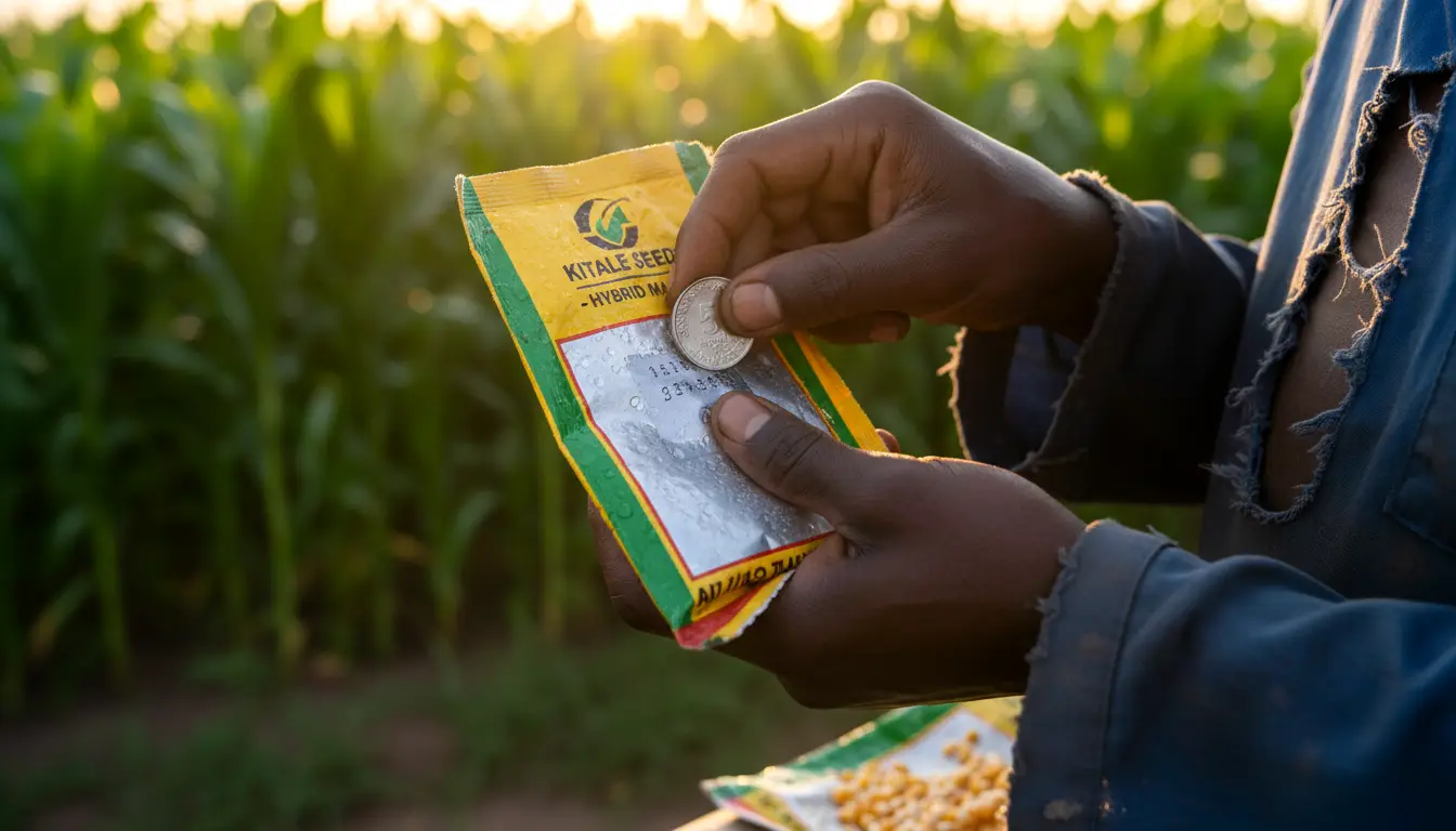 Close-up of a farmer's hands holding a yellow packet of 'KITALE SEEDS - HYBRID MAIZE', 
