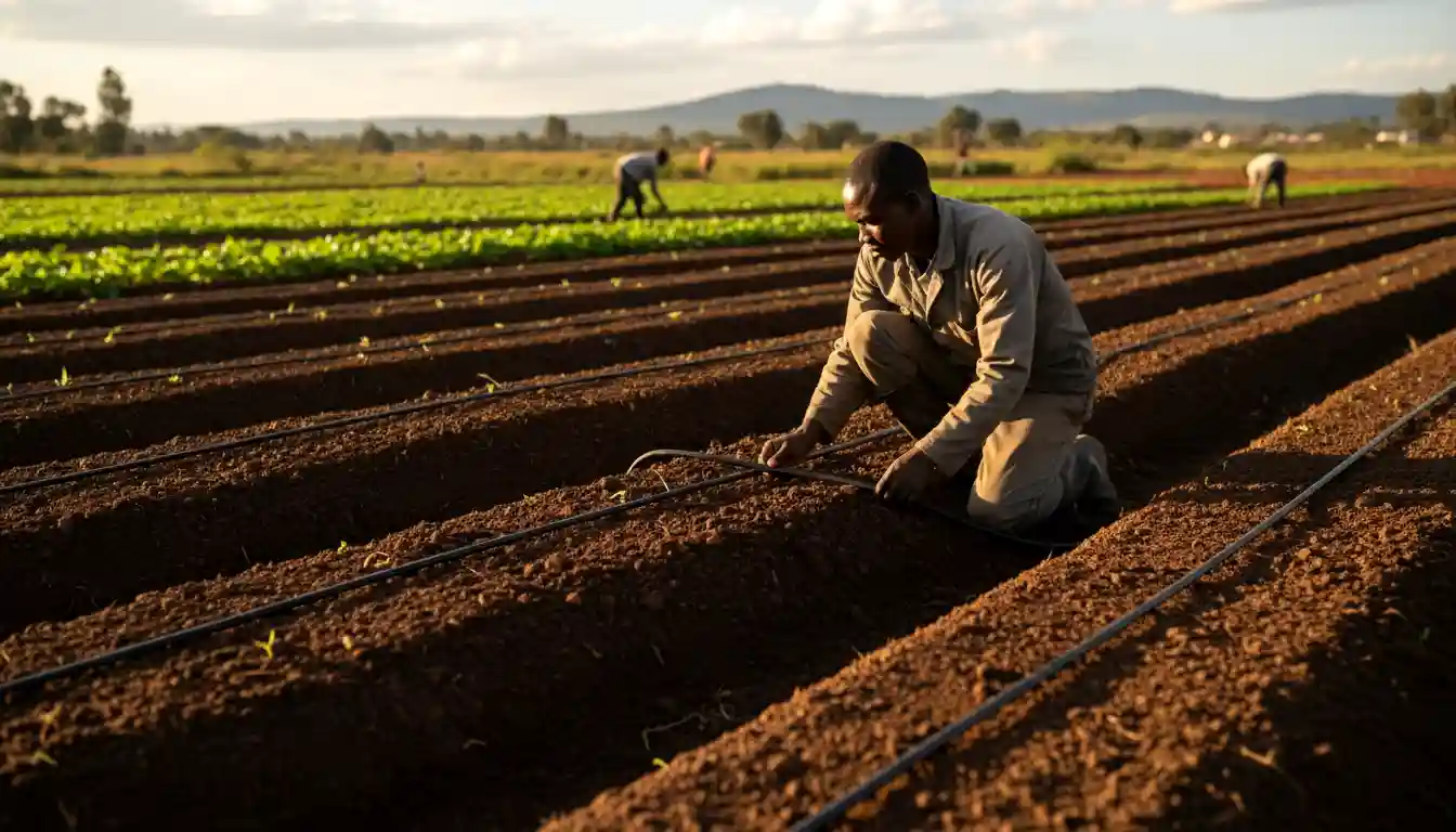 A farm worker setting up drip irrigation lines on raised beds prepared for spinach planting
