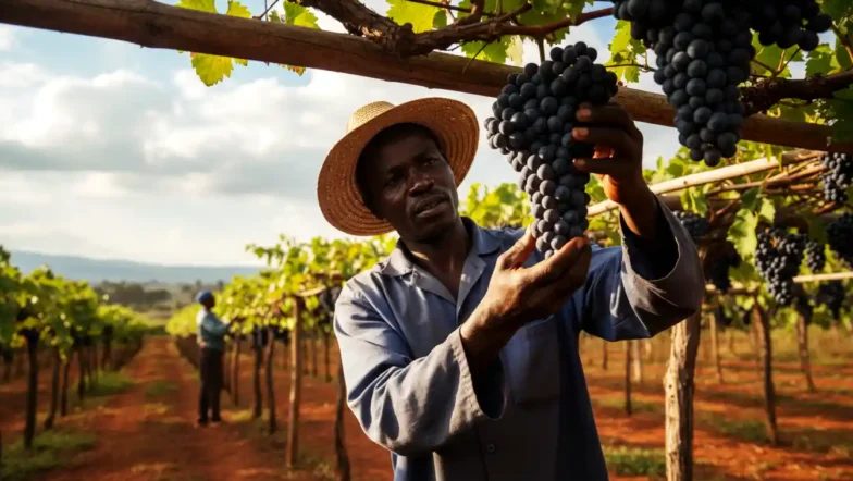 A close-up shot of a Kenyan farmer inspecting a heavy bunch of deep purple grapes on a trellis system